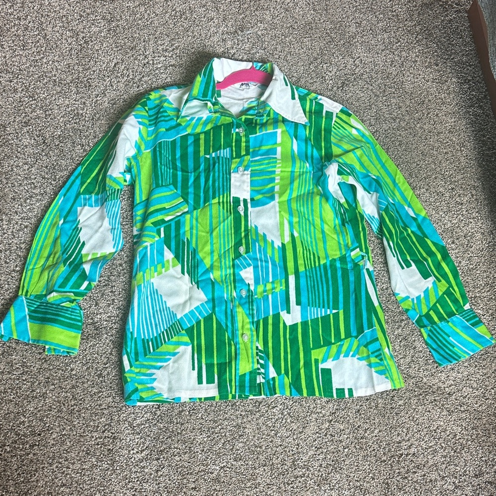 Vintage 1970's Grant's Men's Green/Blue Patterned Dress Shirt